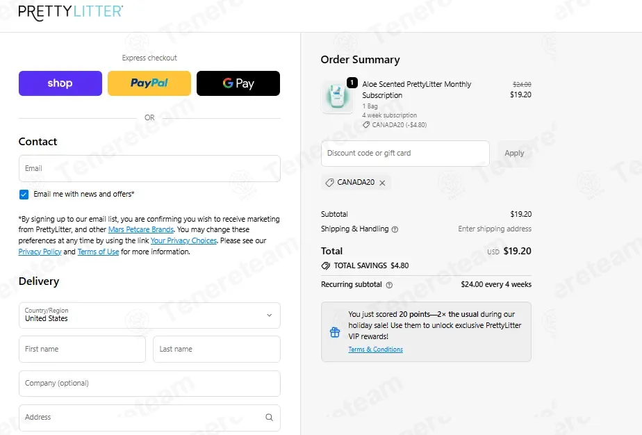 PrettyLitter coupon code: 20% off with CANADA20. Tested and valid as 1 week ago.