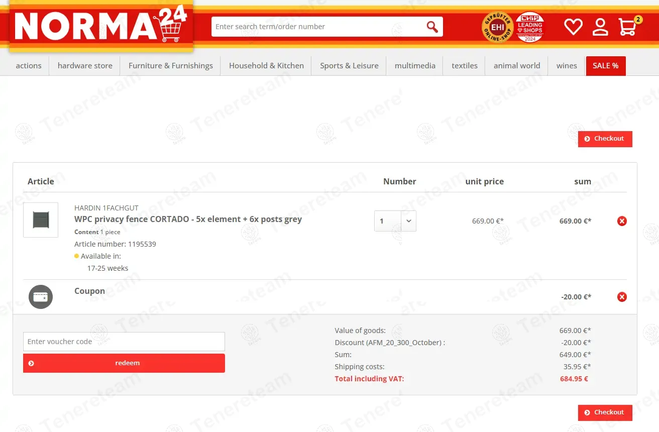 Norma24 DE coupon code: €20 off with AFM_20_300_Oktober. Tested and valid as 1 year ago.