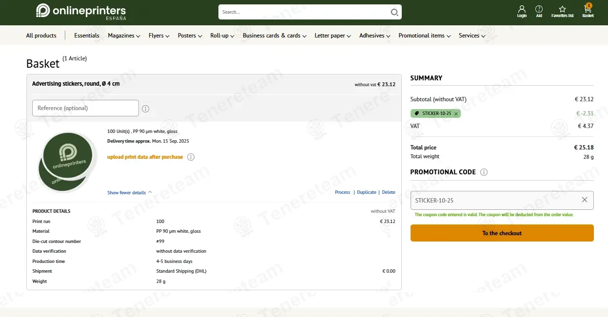 Onlineprinters ES coupon code: 10% off with STICKER-10-25. Tested and valid as 9 months ago.