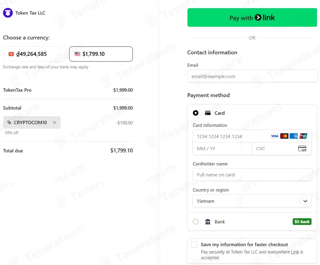 TokenTax coupon code: 10% off with CRYPTOCOM10. Tested and valid as 1 week ago.
