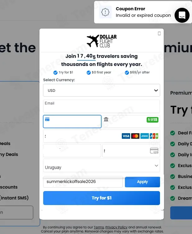 Dollar Flight Club coupon code: Sale off with summerkickoffsale2026. Tested and valid as 1 month ago.