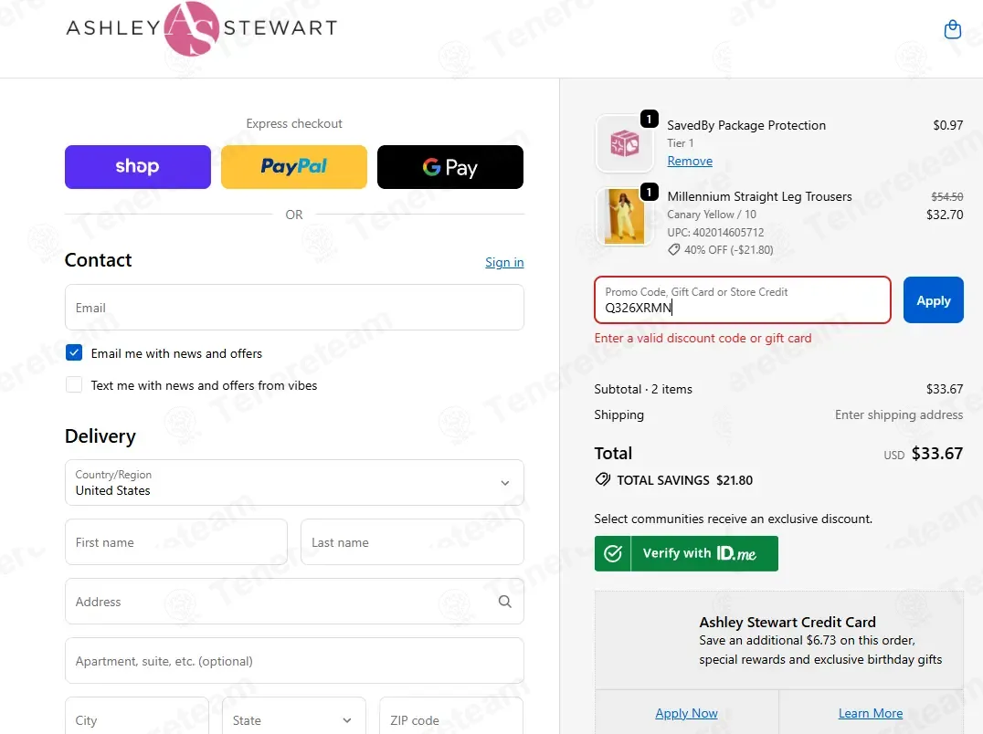 Ashley Stewart coupon code: 20% off with Q326XRMN. Tested and valid as 6 days ago.
