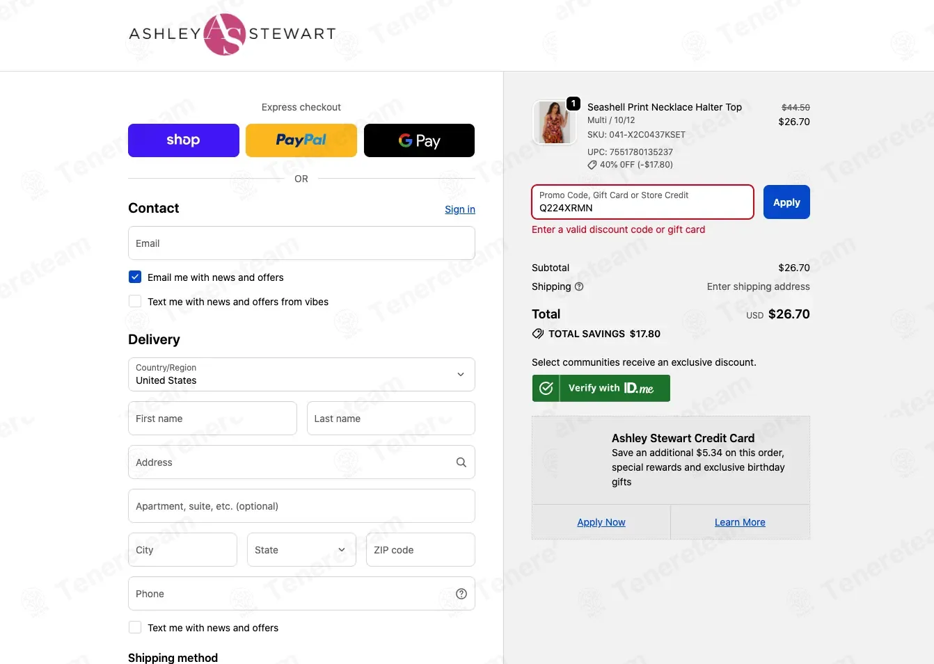 Ashley Stewart coupon code: 20% off with Q326XRMN. Tested and valid as 6 days ago.