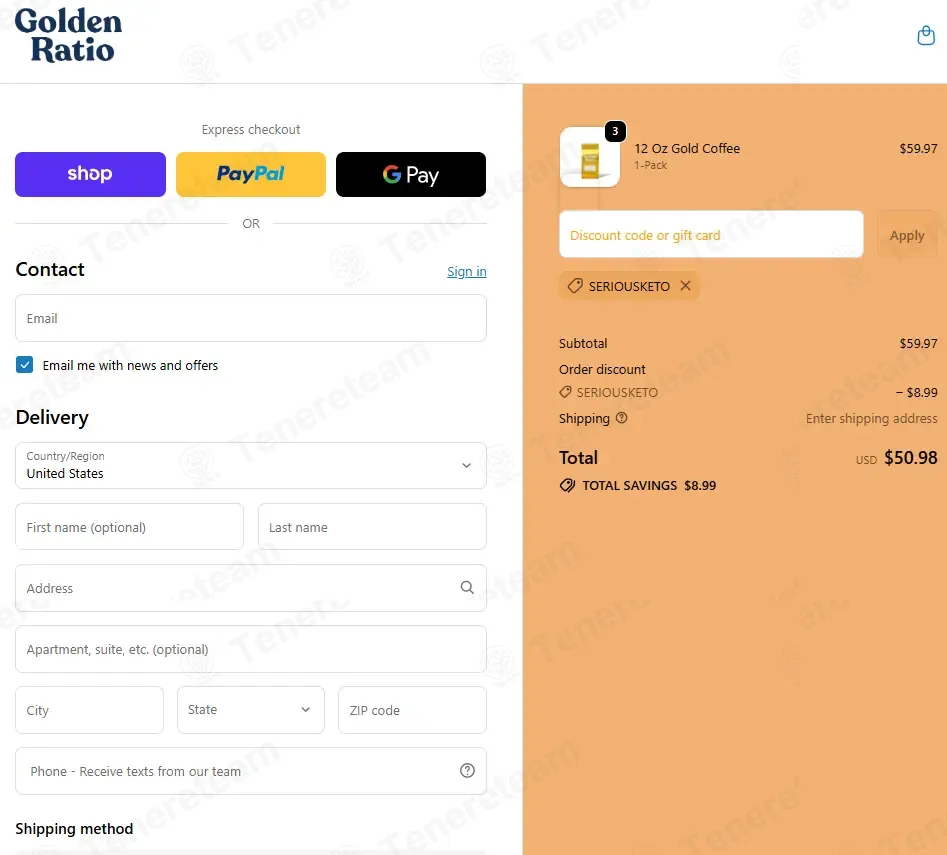 Golden Ratio Coffee coupon code: 15% off with SERIOUSKETO. Tested and valid as 7 months ago.