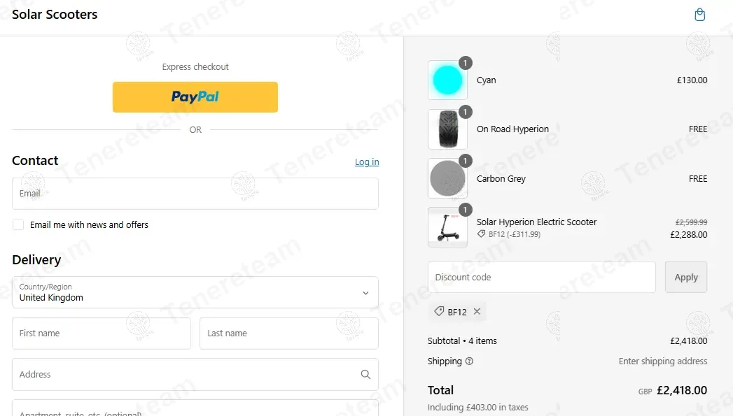 Solar Scooters coupon code: 12% off with BF12. Tested and valid as 1 year ago.