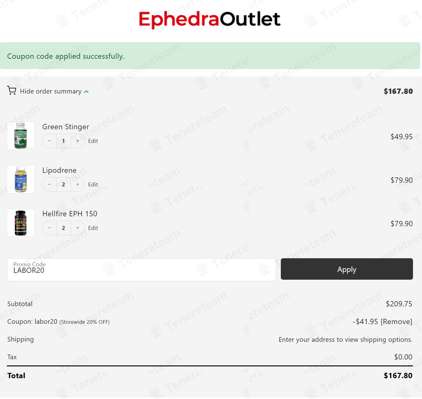 Ephedra Outlet coupon code: 20% off with LABOR20. Tested and valid as 9 months ago.