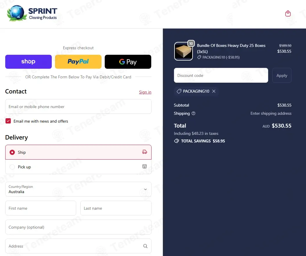 Sprint Cleaning Products coupon code: 10% off with PACKAGING10. Tested and valid as 1 week ago.