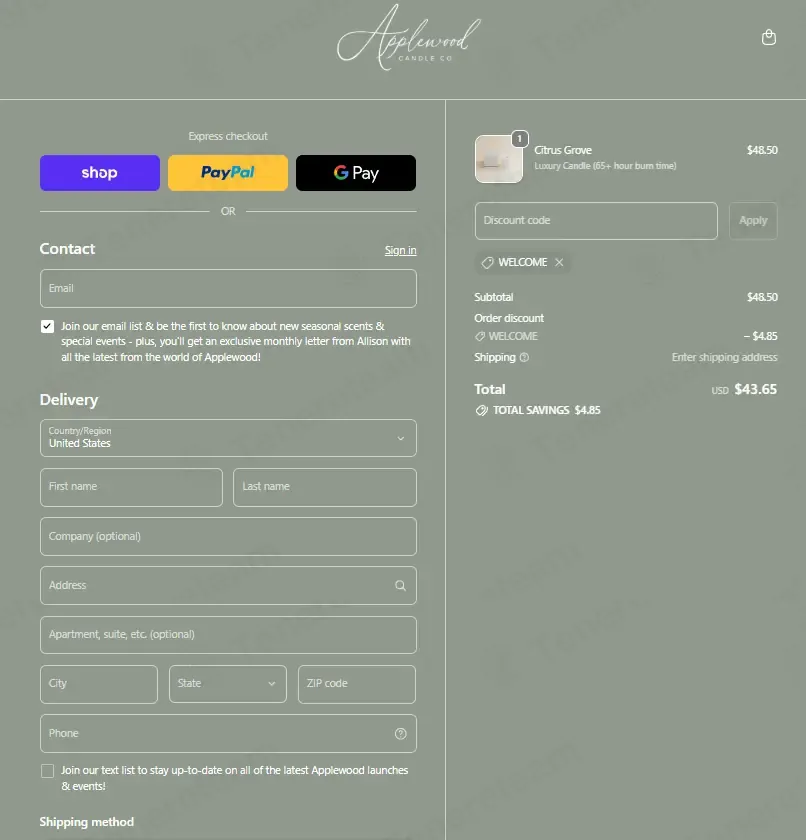 Applewood Candle Co. coupon code: 10% off with WELCOME. Tested and valid as 1 month ago.