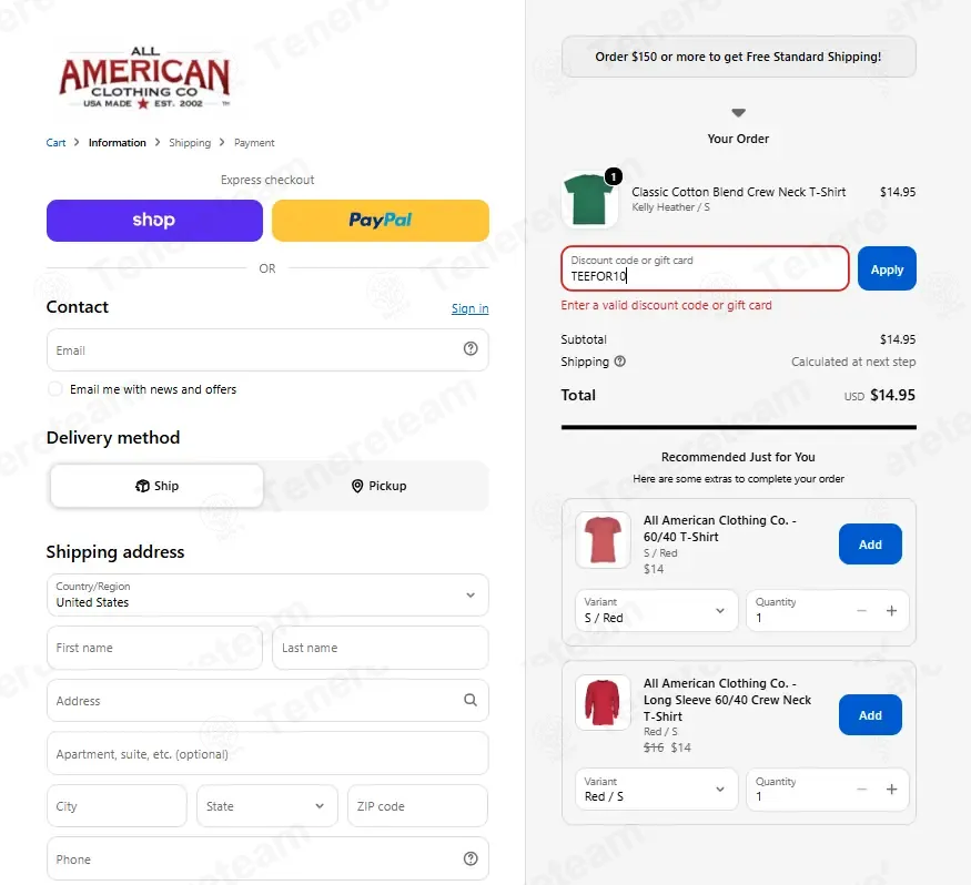 All American Clothing coupon code: 26% off with TEEFOR10. Tested and valid as 3 weeks ago.