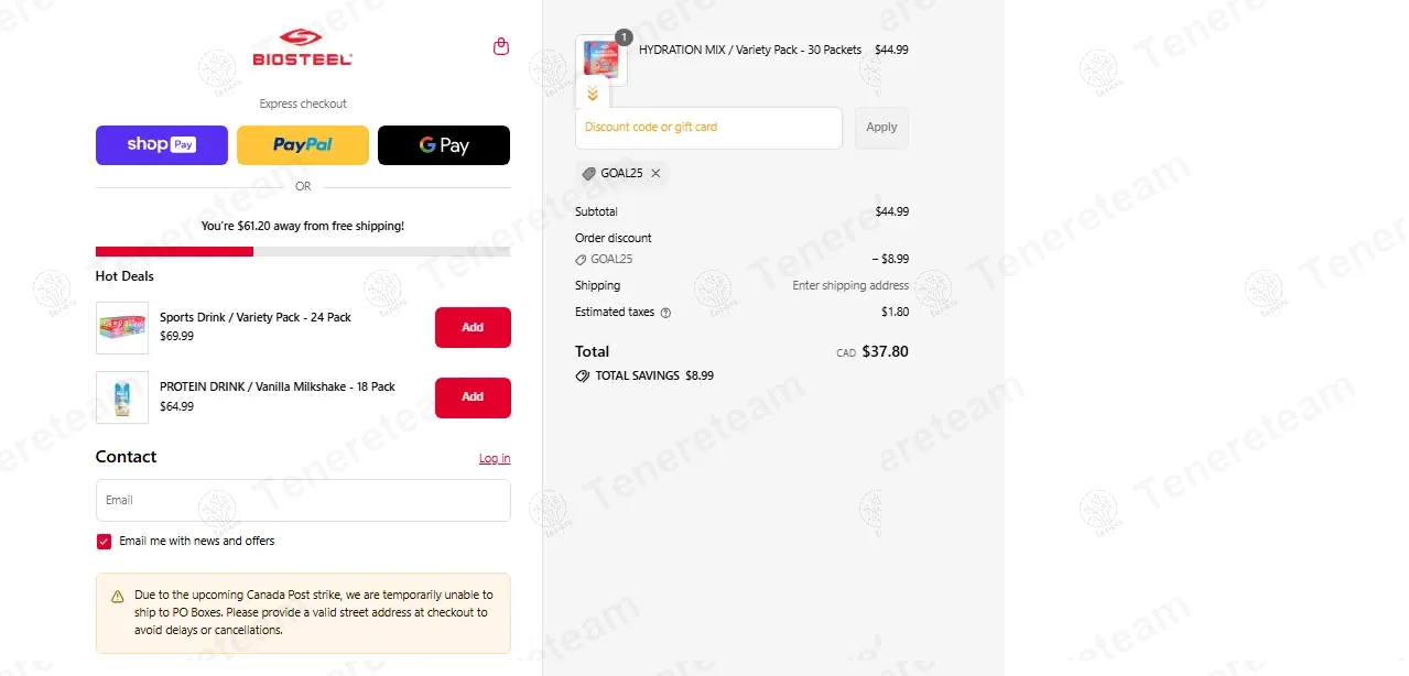 BioSteel CA coupon code: 20% off with GOAL25. Tested and valid as 9 months ago.