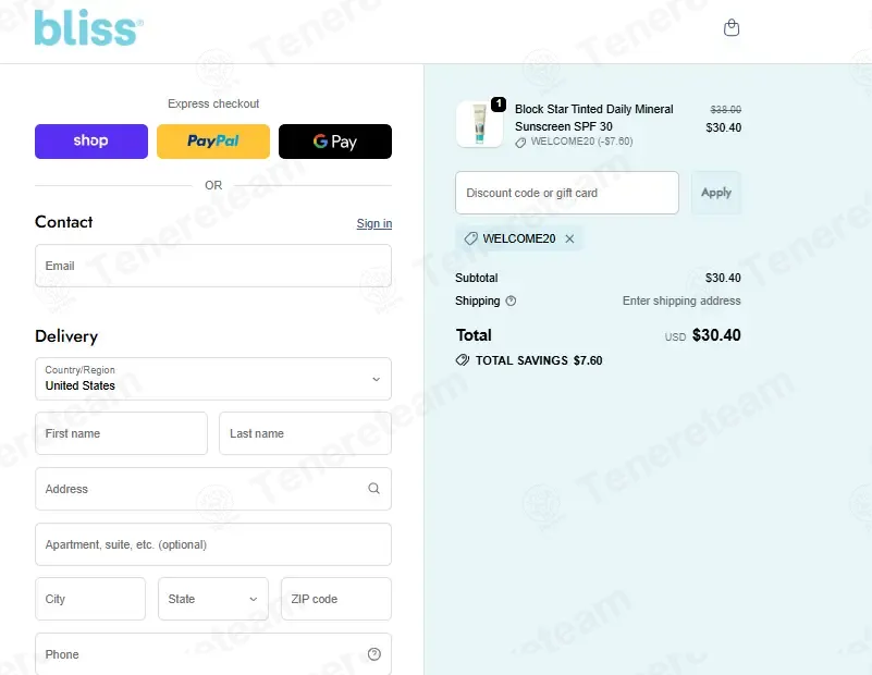 Bliss coupon code: 20% off with WELCOME20. Tested and valid as 1 month ago.