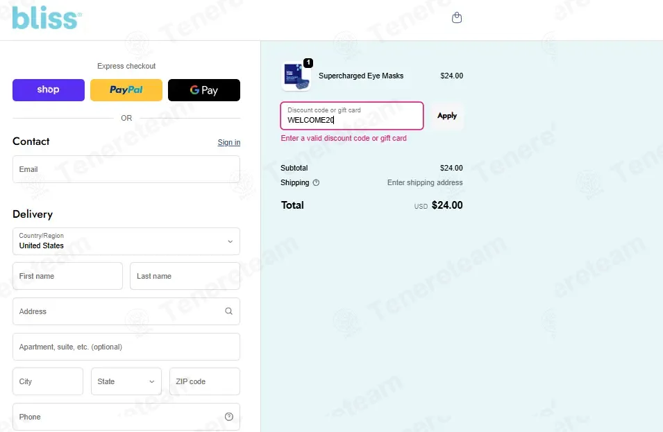 Bliss coupon code: 20% off with WELCOME20. Tested and valid as 1 month ago.