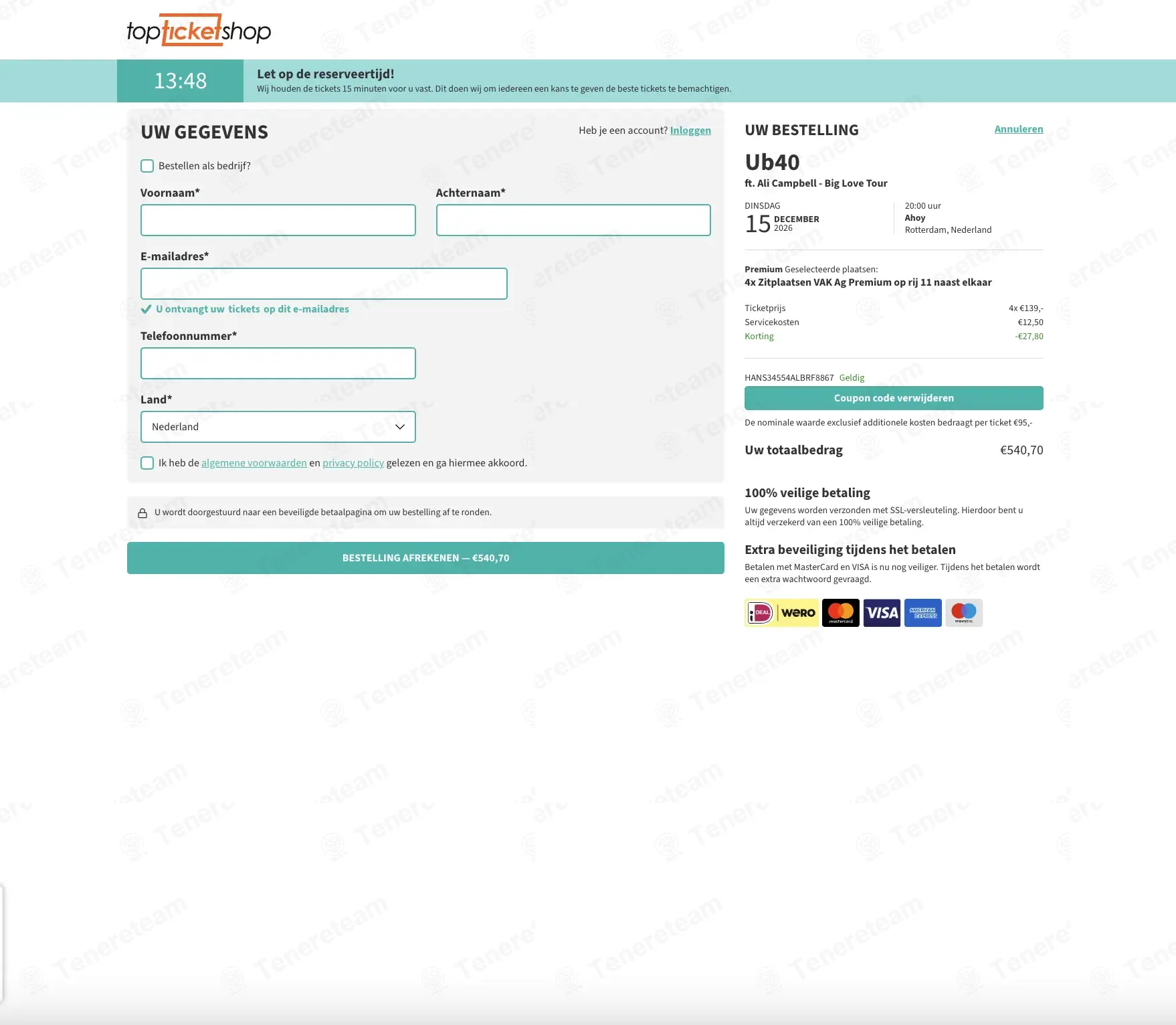 Topticketshop NL coupon code: 5% off with HANS-34554-ALBRF-8867. Tested and valid as 4 days ago.