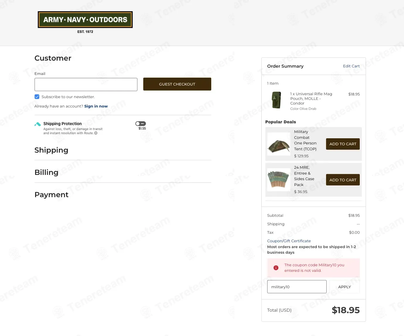 Army Navy Outdoors coupon code: $10 off with military10. Tested and valid as 1 month ago.