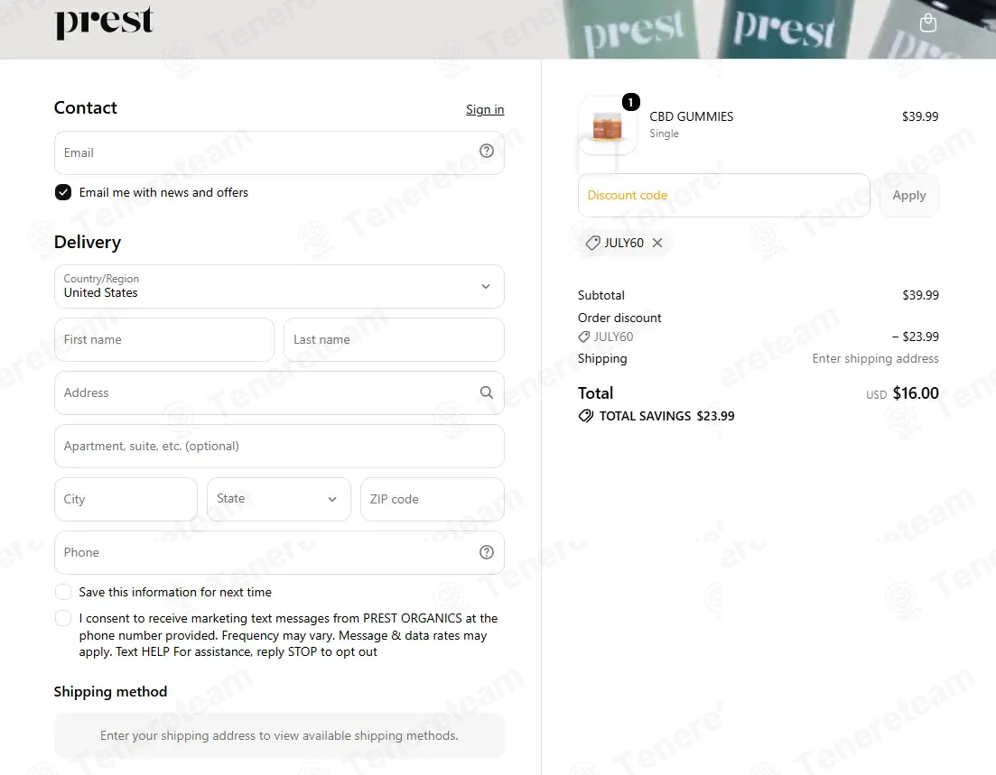 Prest Organics coupon code: 60% off with JULY60. Tested and valid as 1 week ago.