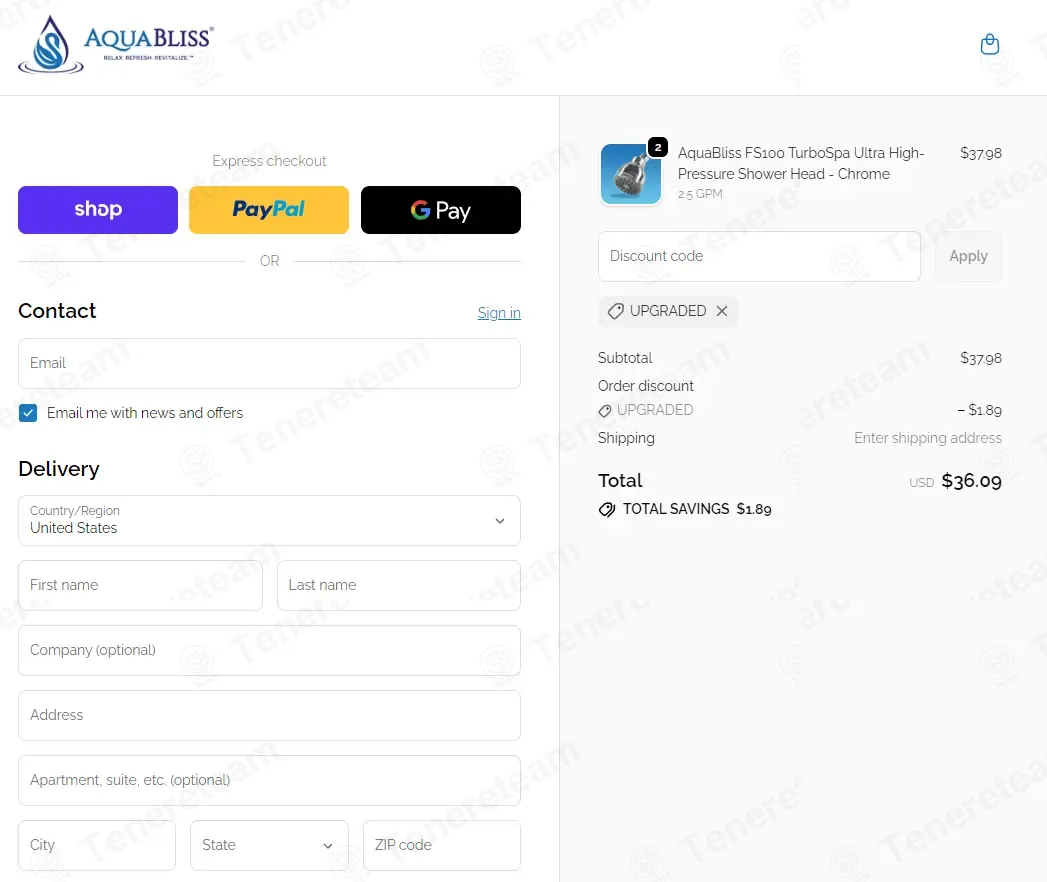 AquaBliss coupon code: 5% off with UPGRADED. Tested and valid as 2 months ago.