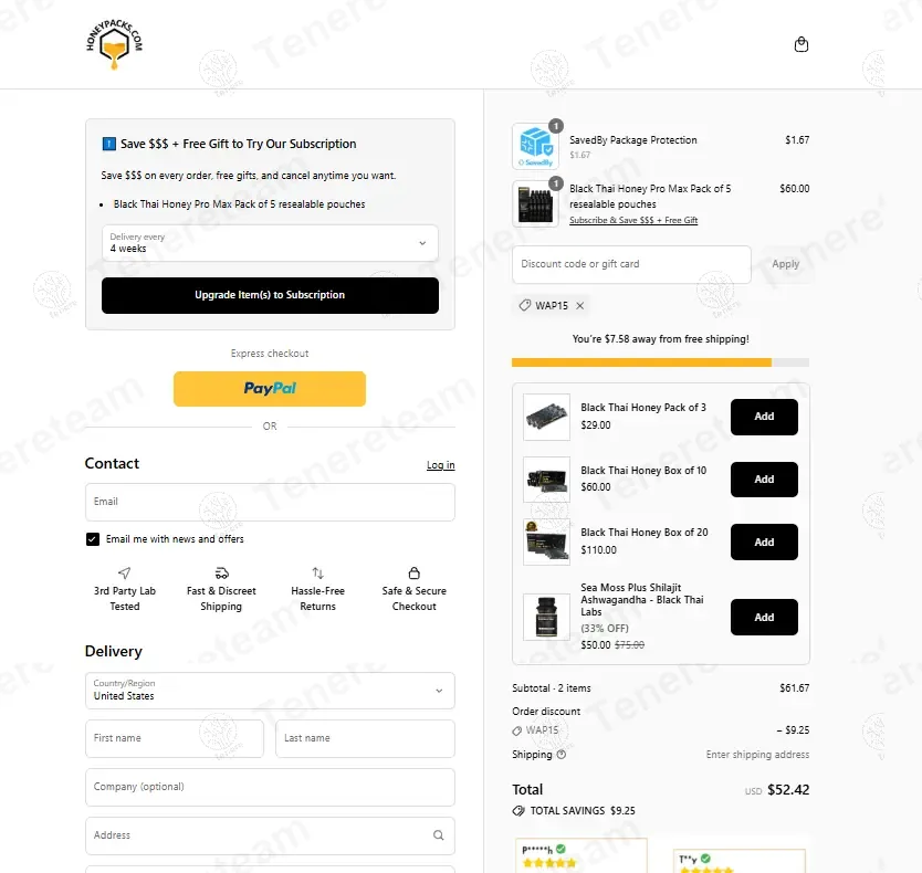 HoneyPacks coupon code: 15% off with WAP15. Tested and valid as 9 months ago.