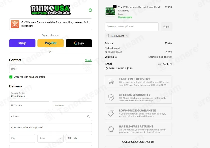 Rhino USA coupon code: 10% off with TENERETEAM. Tested and valid as 1 month ago.