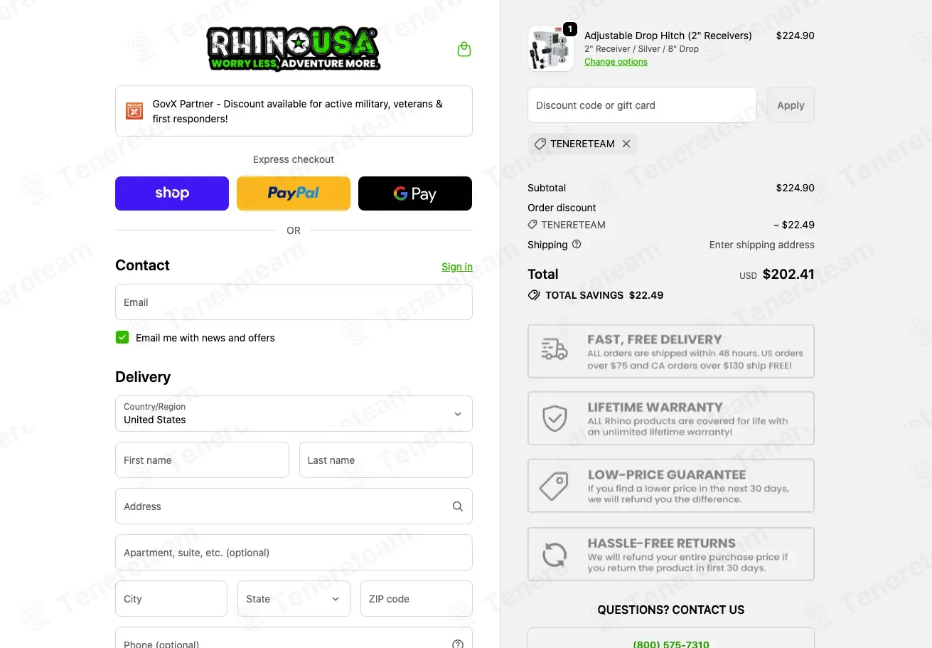 Rhino USA coupon code: 10% off with TENERETEAM. Tested and valid as 1 month ago.