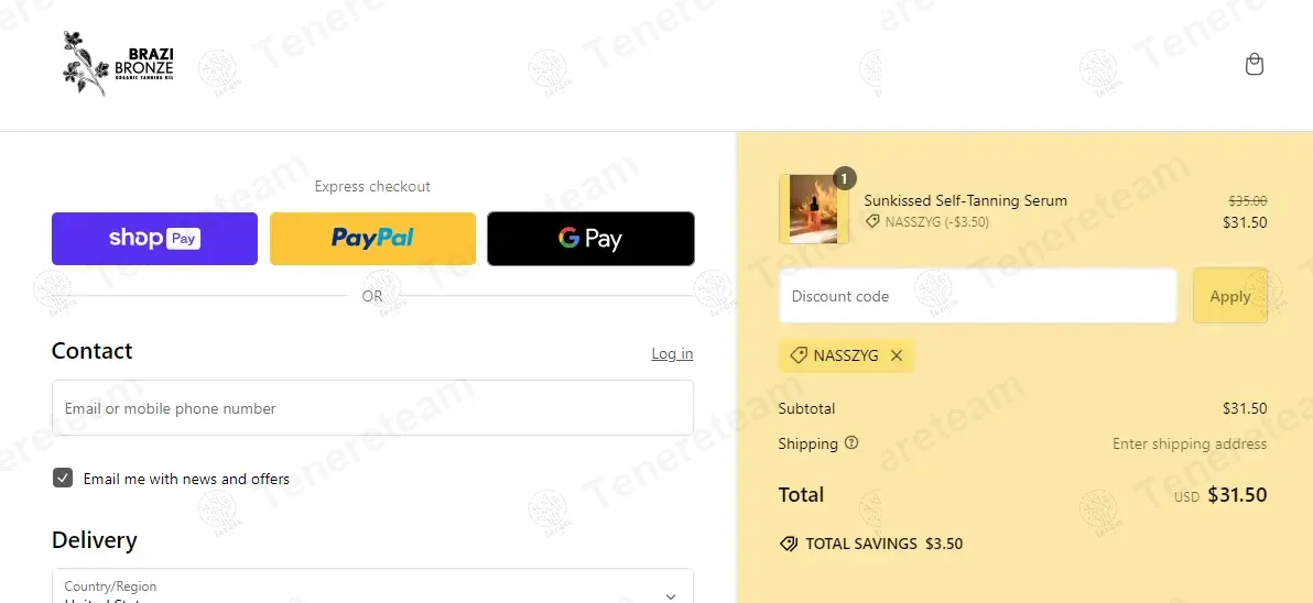 Brazi Bronze coupon code: 10% off with NASSZYG. Tested and valid as 1 year ago.