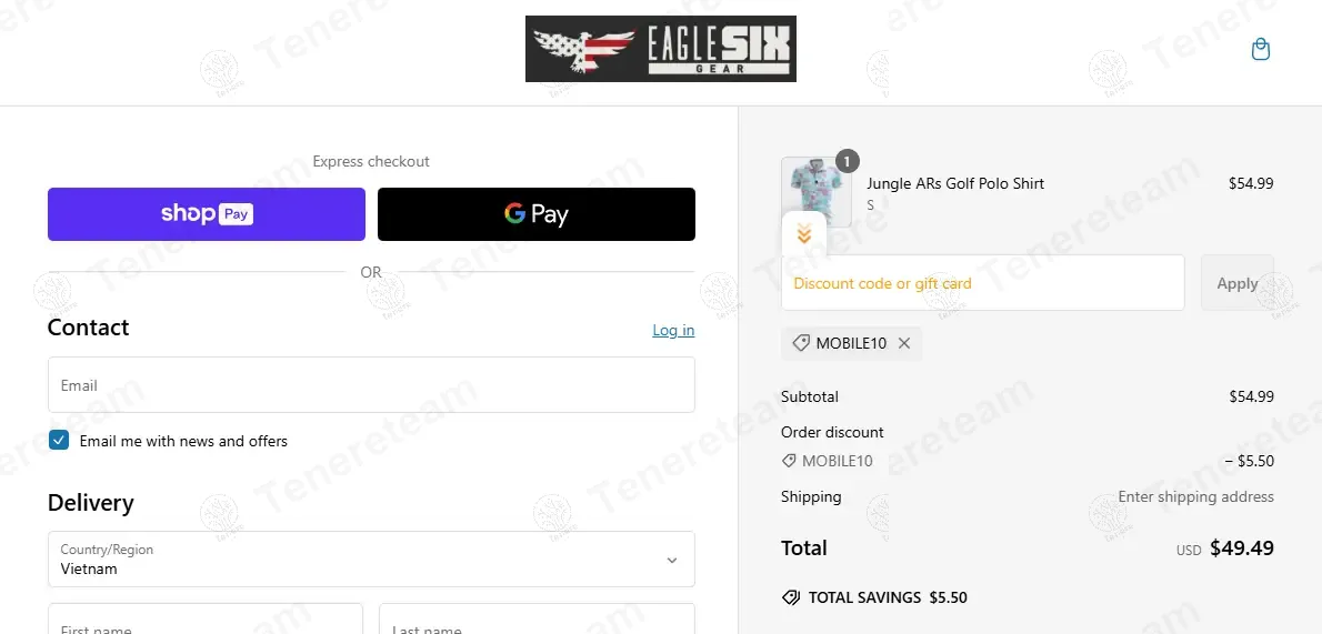 Eagle Six Gear coupon code: 10% off with MOBILE10. Tested and valid as 1 year ago.