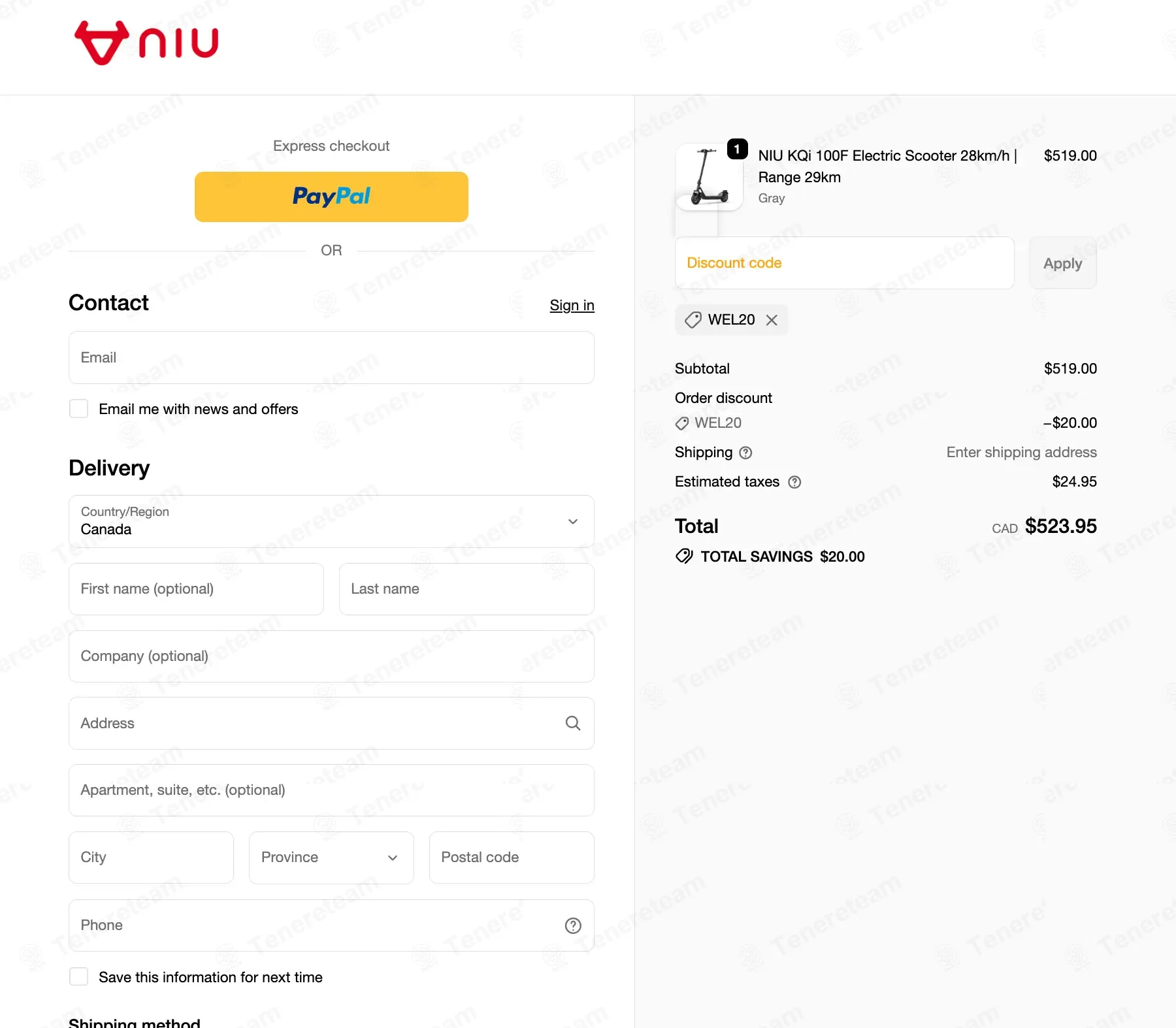 NIU Canada Shop apply coupon code