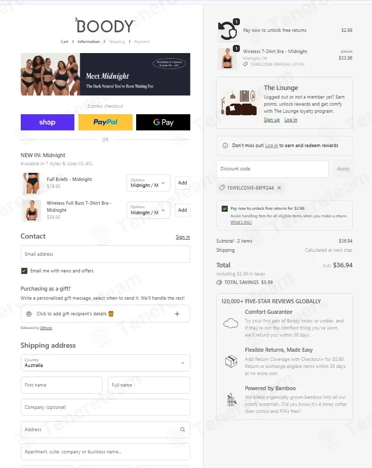 Boody AU coupon code: 15% off with 15WELCOME-89FR244. Tested and valid as 1 month ago.