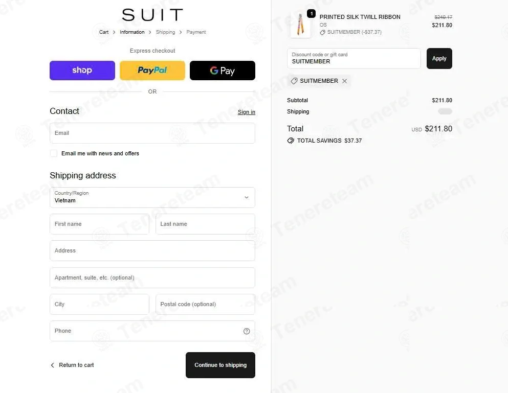 Suitnegozi coupon code: 15% off with SUITMEMBER. Tested and valid as 4 weeks ago.