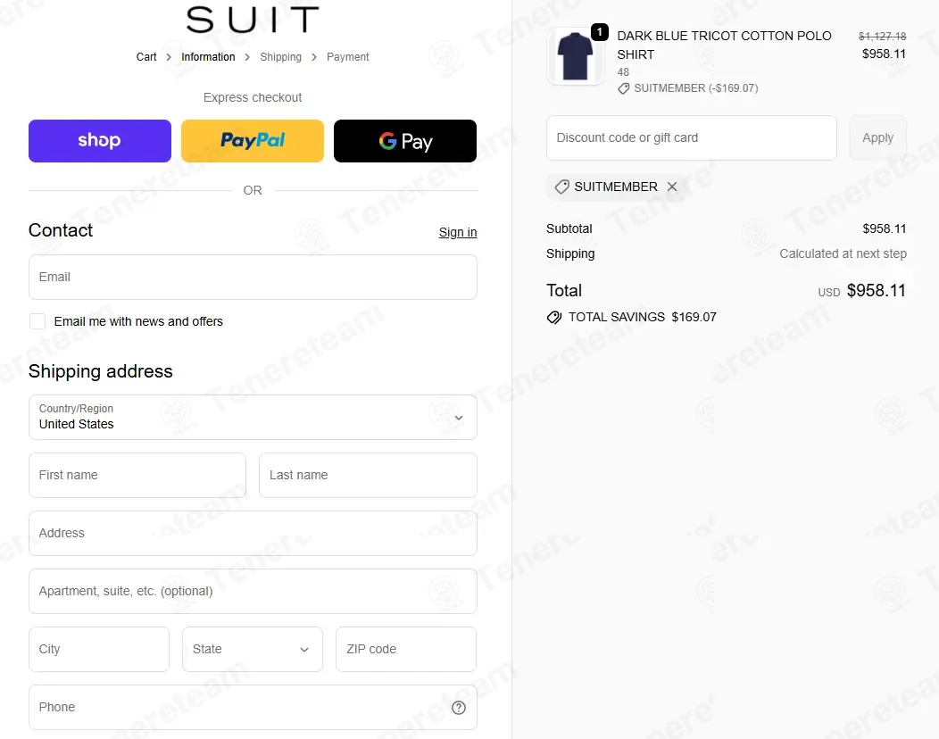 Suitnegozi coupon code: 15% off with SUITMEMBER. Tested and valid as 4 weeks ago.