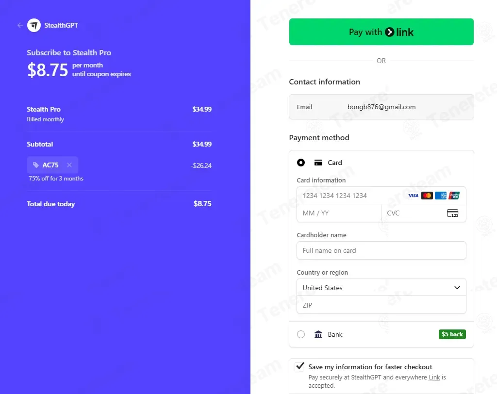 StealthGPT coupon code: 75% off with AC75. Tested and valid as 1 month ago.