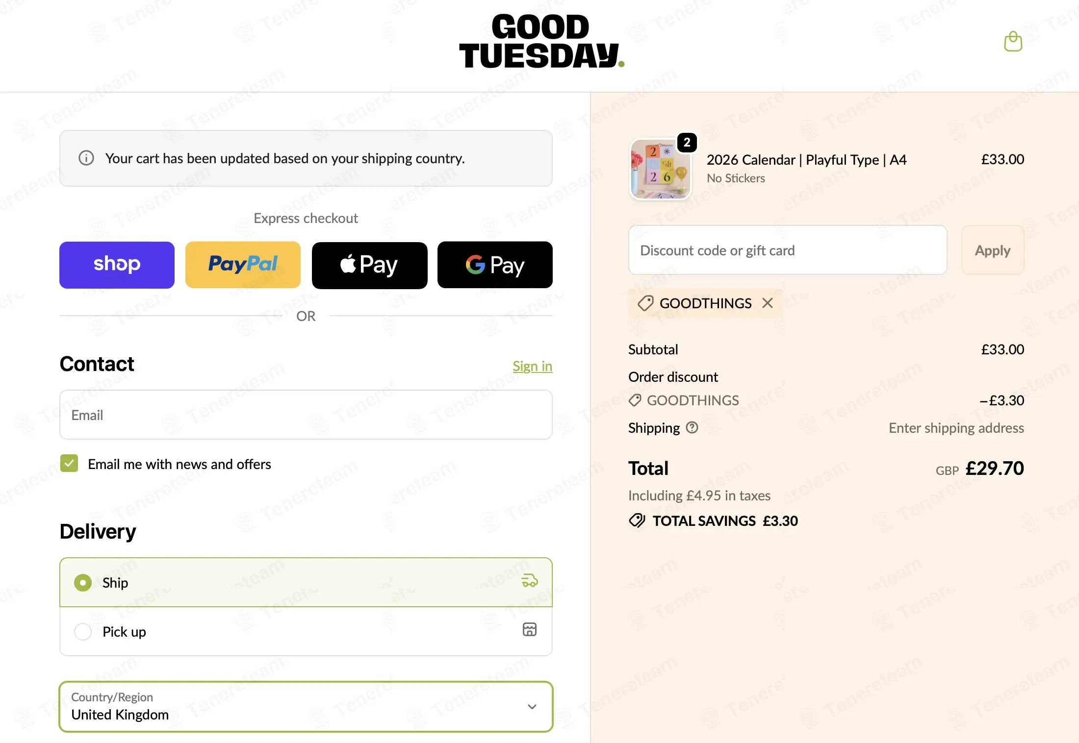 Good Tuesday coupon code: 10% off with GOODTHINGS. Tested and valid as 2 months ago.