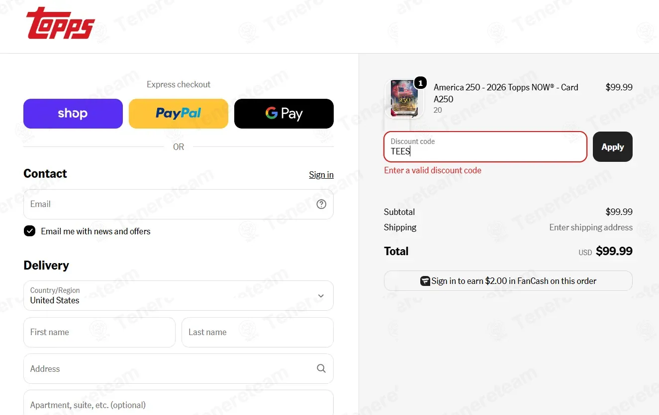 Topps coupon code: 30% off with TEES. Tested and valid as 2 weeks ago.