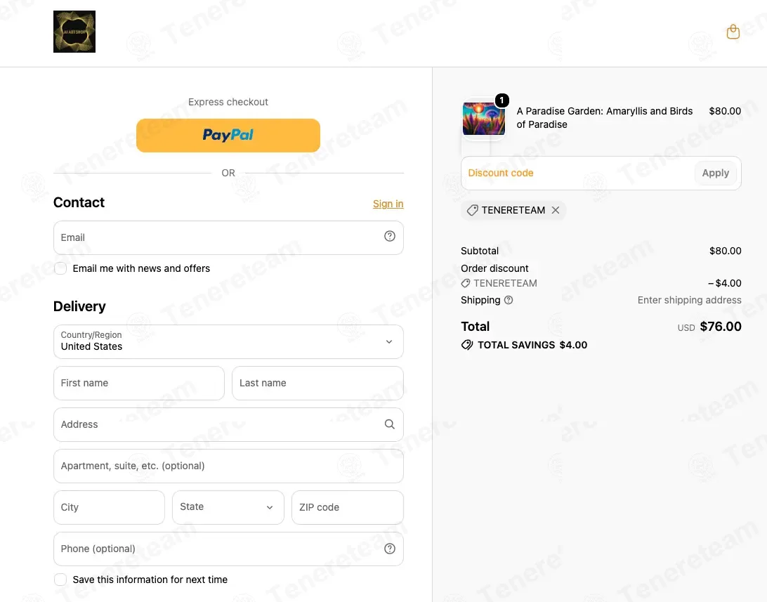 AI Art Shop coupon code: 5% off with TENERETEAM. Tested and valid as 2 weeks ago.
