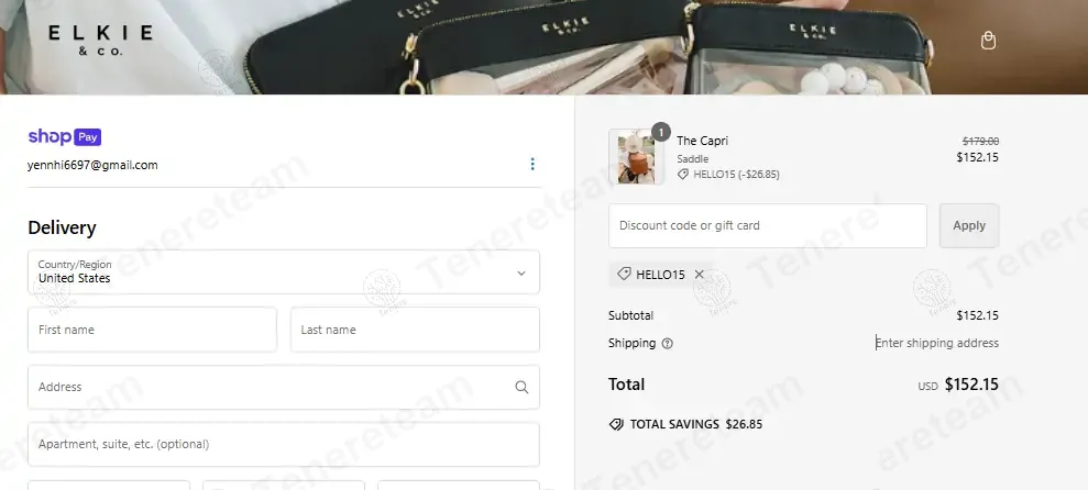 Elkie and Co coupon code: 15% off with HELLO15. Tested and valid as 1 year ago.