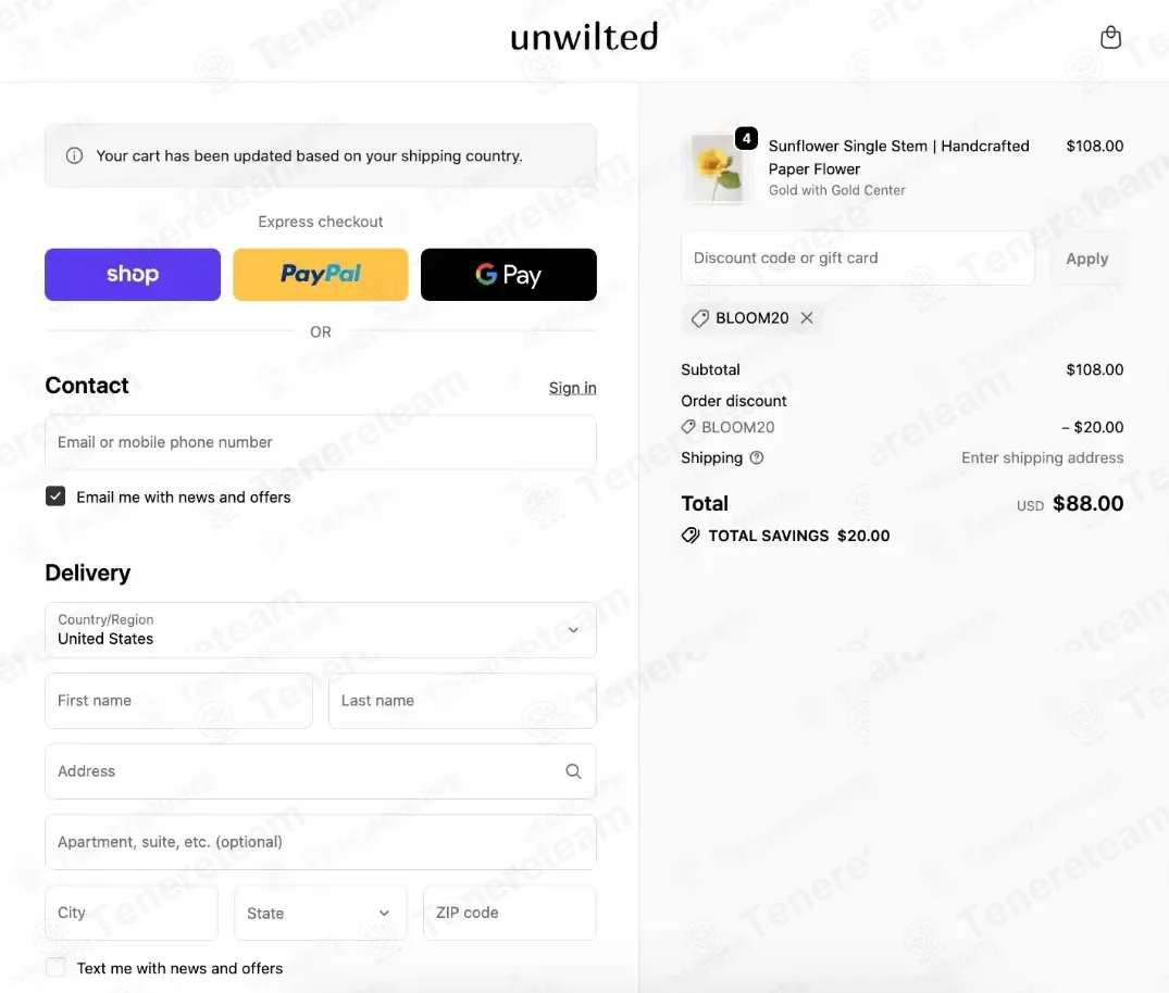 Unwilted coupon code verified as working at checkout