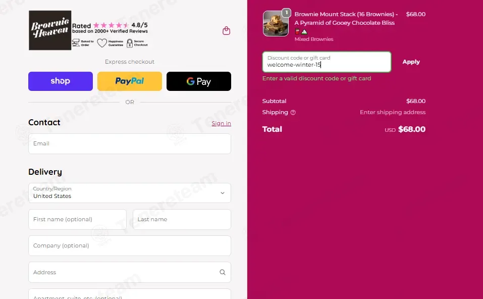 Brownie Heaven coupon code: 15% off with welcome-winter-15. Tested and valid as 2 months ago.
