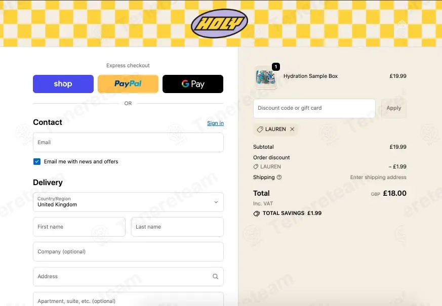 HOLY UK coupon code: 10% off with LAUREN. Tested and valid as 4 weeks ago.