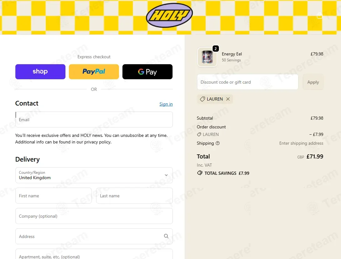 HOLY UK coupon code: 10% off with LAUREN. Tested and valid as 4 weeks ago.