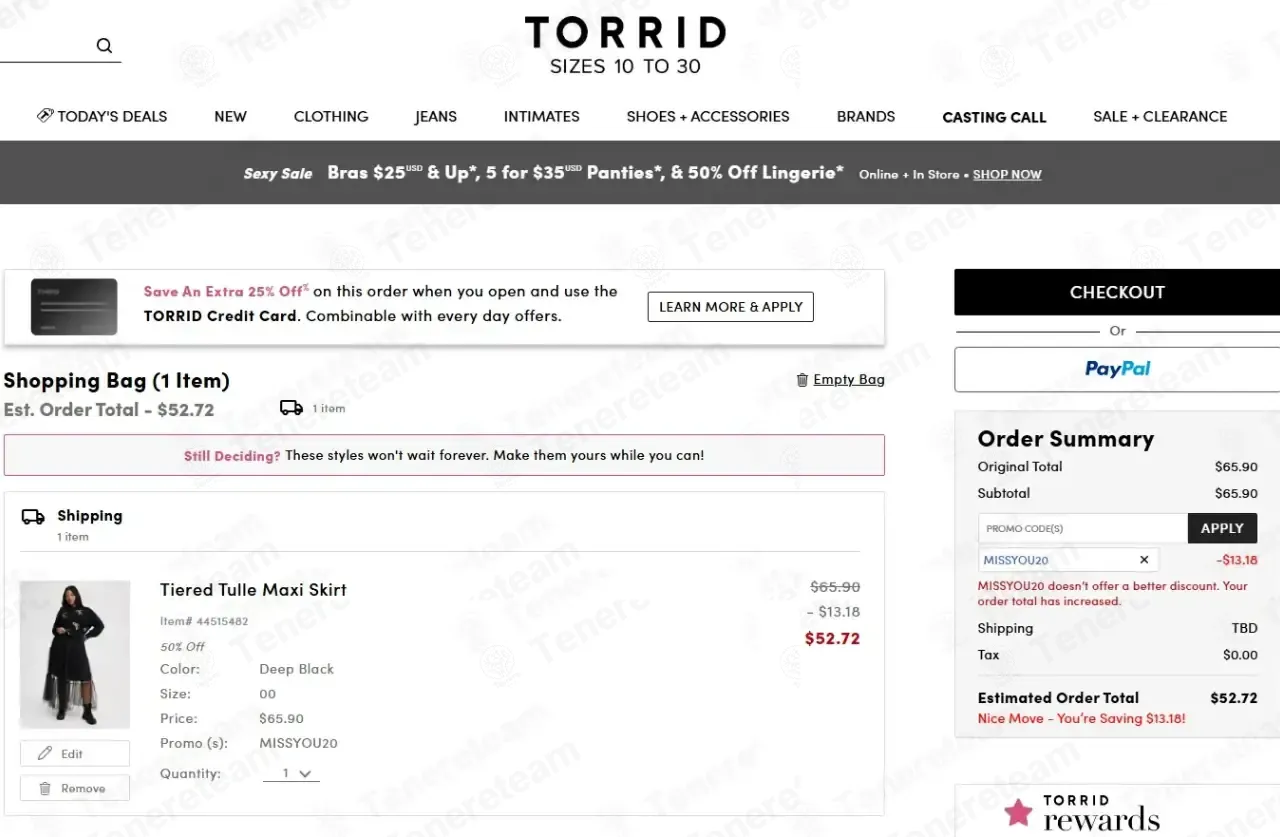 Torrid coupon code: 20% off with MISSYOU20. Tested and valid as 1 week ago.