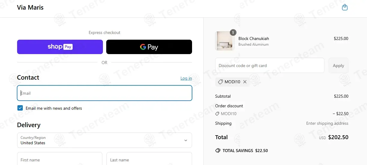 Via Maris coupon code: 10% off with MODI10. Tested and valid as 11 months ago.