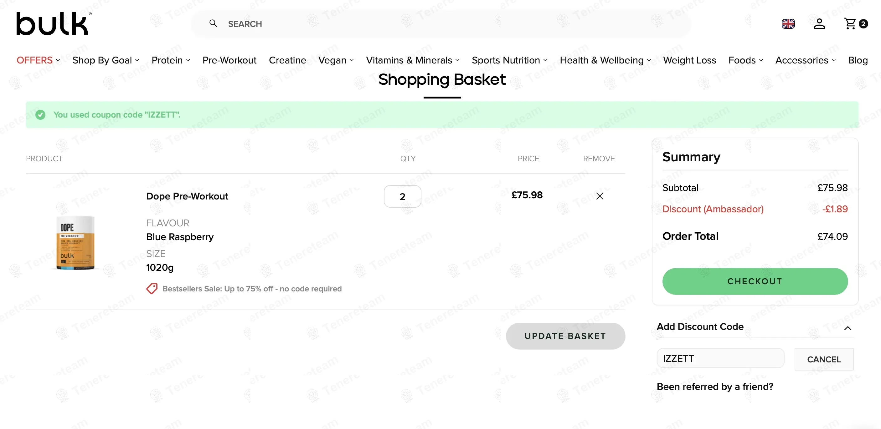 Bulkpowders UK coupon code: 2% off with IZZETT. Tested and valid as 9 months ago.