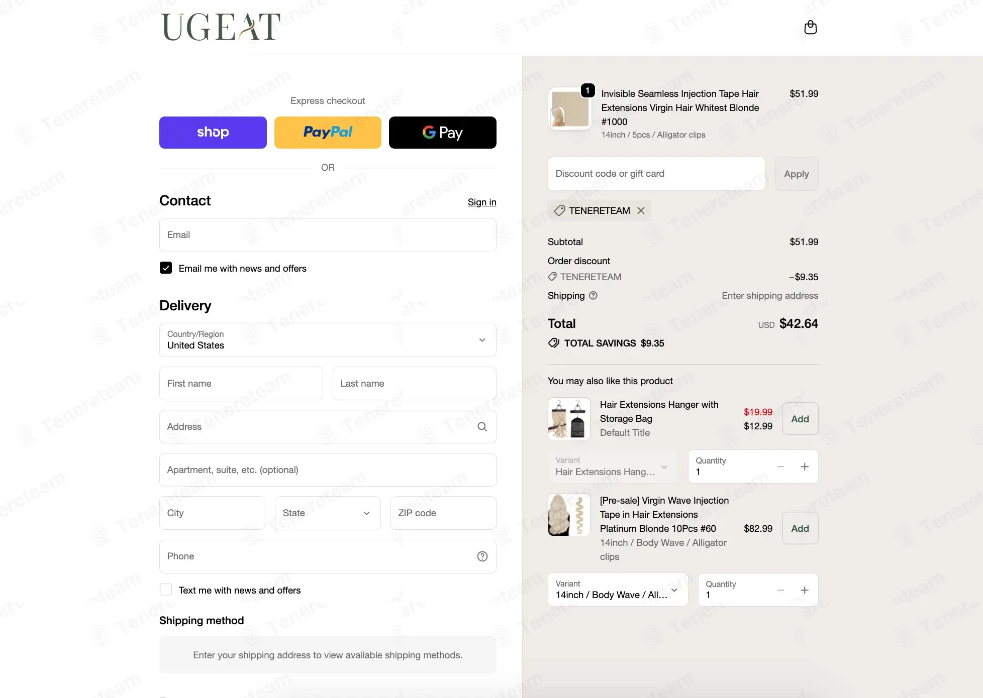 Ugeat Hair coupon code: 15% off with TENERETEAM. Tested and valid as 2 months ago.