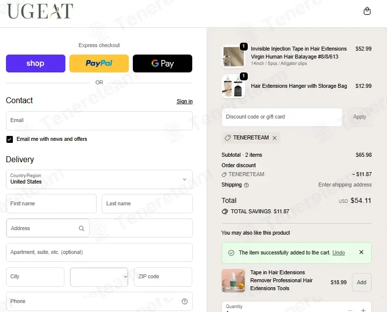 Ugeat Hair coupon code: 15% off with TENERETEAM. Tested and valid as 2 months ago.