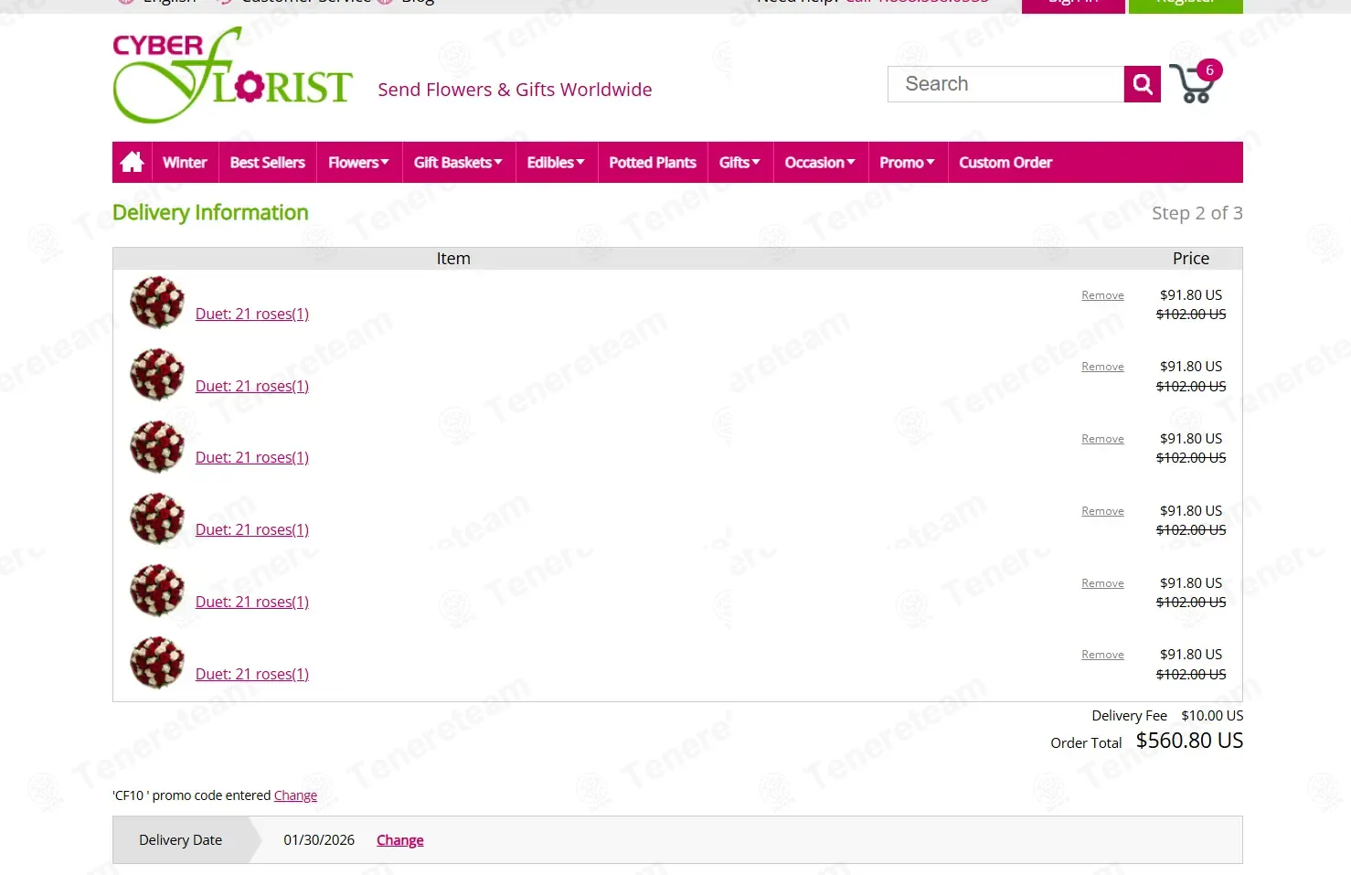 Cyber Florist coupon code: 10% off with CF10. Tested and valid as 1 month ago.