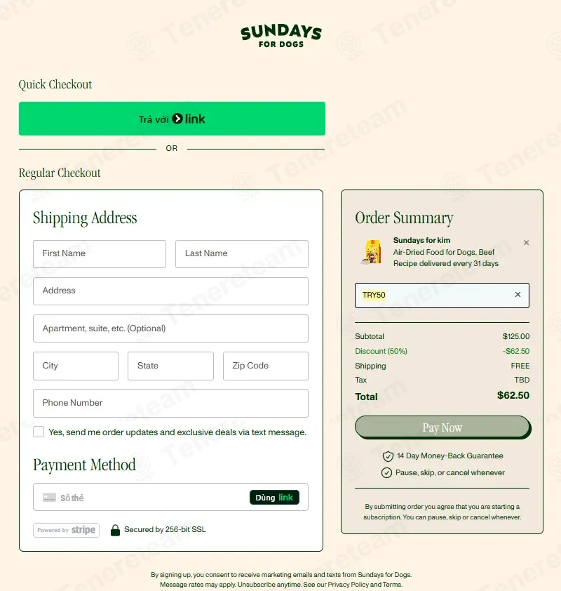 Sundays For Dogs coupon code: 50% off with TRY50. Tested and valid as 2 weeks ago.