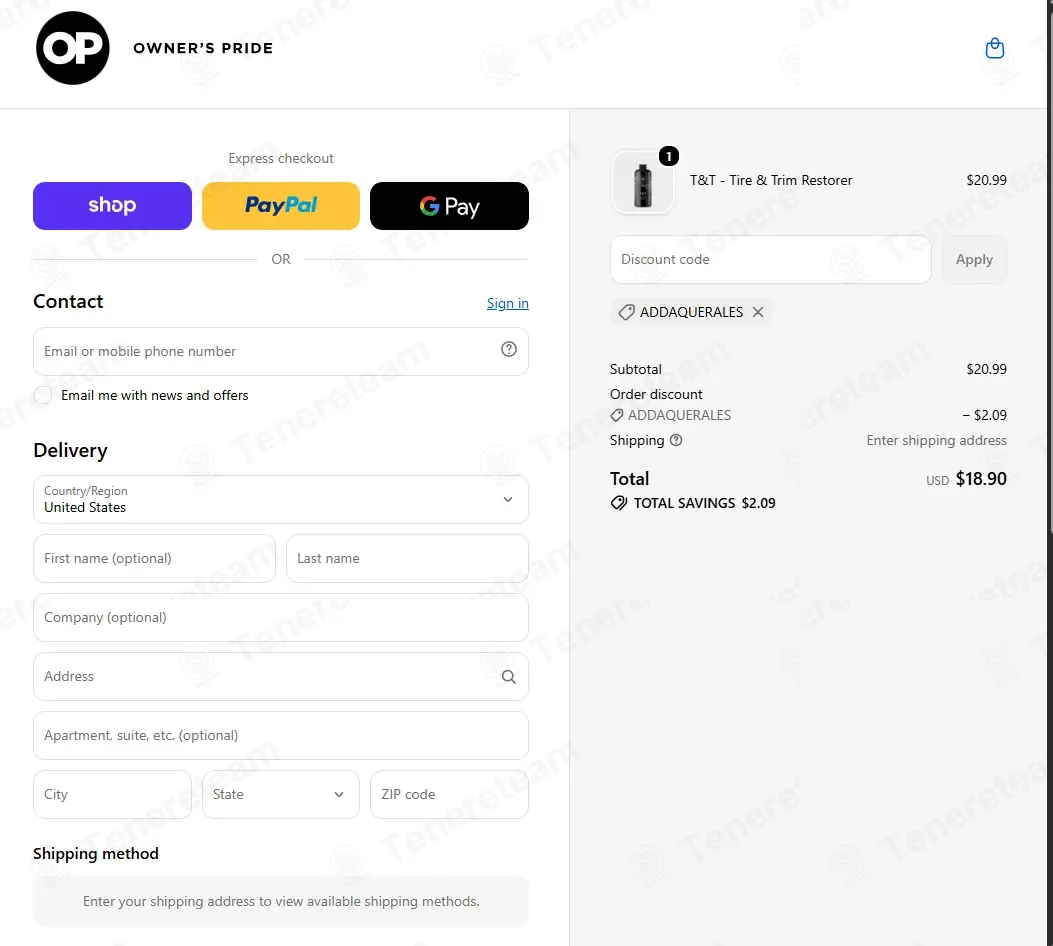 Owners Pride coupon code re-checked and confirmed working at checkout