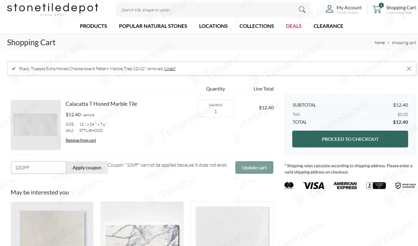 Stone Tile Depot coupon code: 10% off with 10OFF. Tested and valid as 1 month ago.
