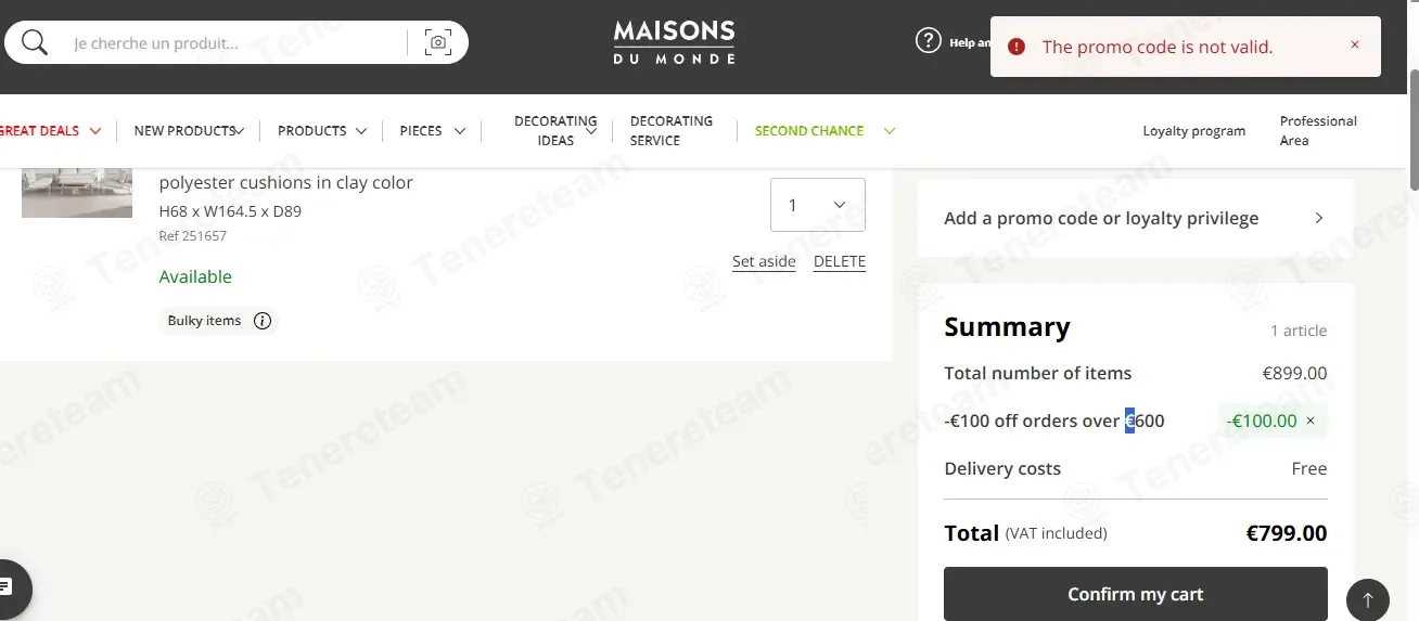Maisons Du Monde coupon code: €100 off with MDM100. Tested and valid as 1 month ago.