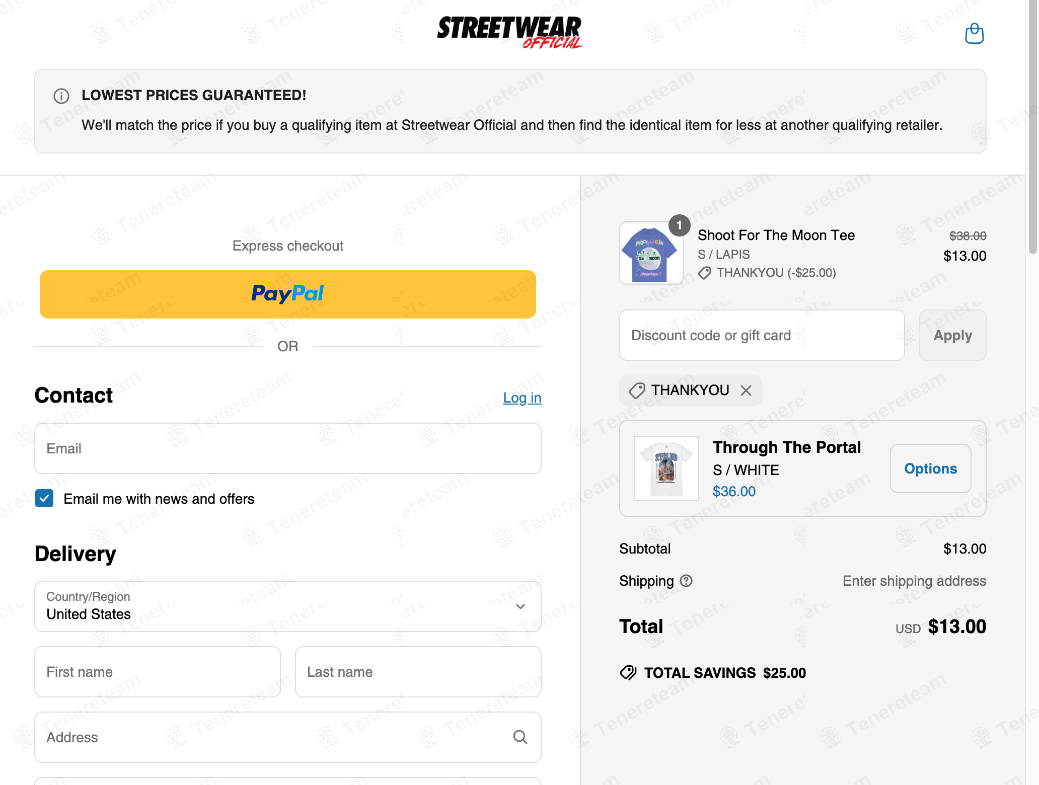 Streetwear Official coupon code: $25 off with THANKYOU. Tested and valid as 1 year ago.
