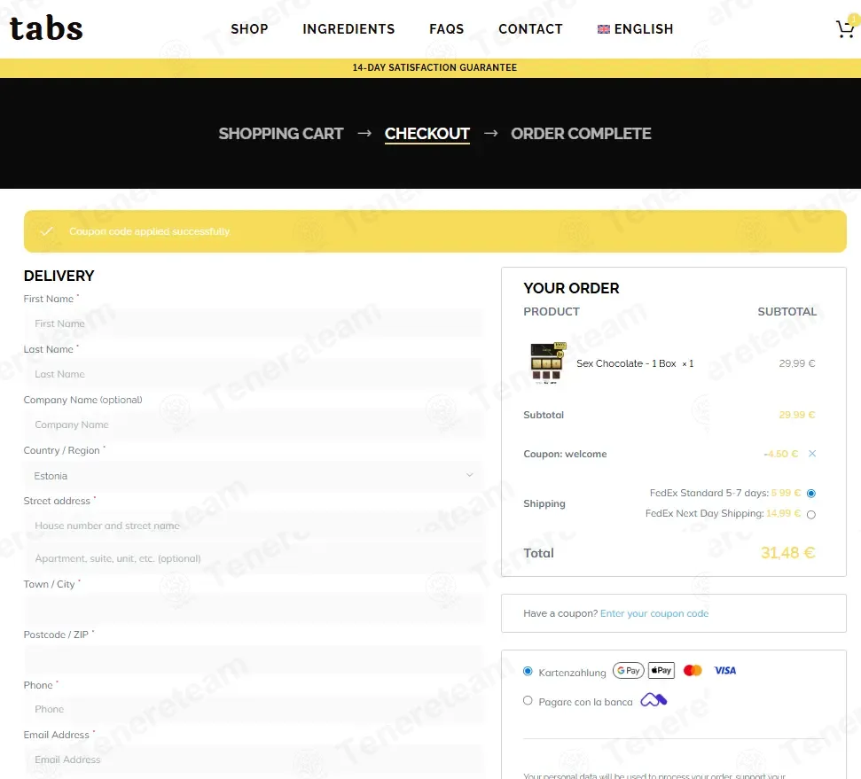 Tabs Chocolate EU coupon code: 15% off with WELCOME. Tested and valid as 1 week ago.
